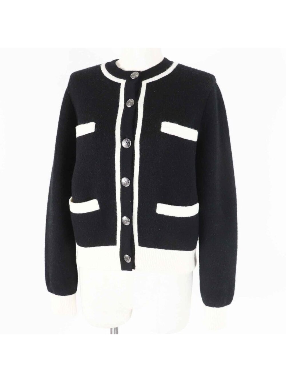 Chanel Cashmere Silk Bicolor Long Sleeve Knit Cardigan Black White 34